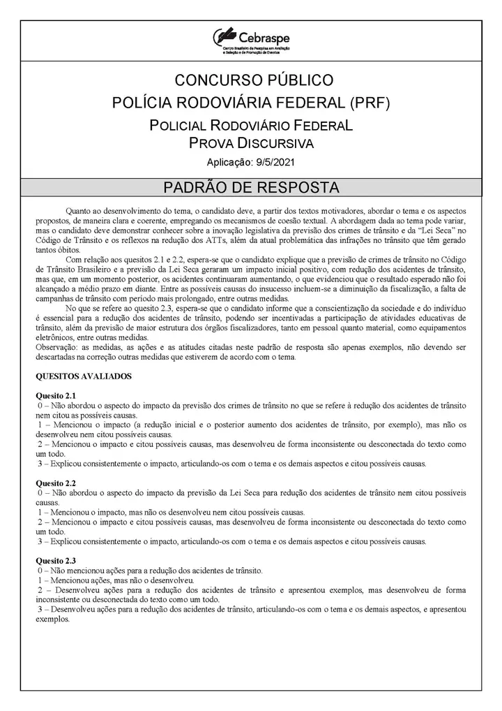 Padrão de resposta de concurso da Polícia Rodoviária Federal