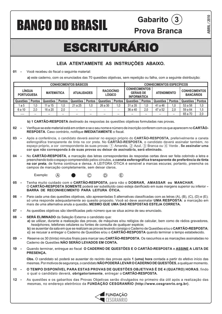 Caderno de prova de concurso do Banco do Brasil